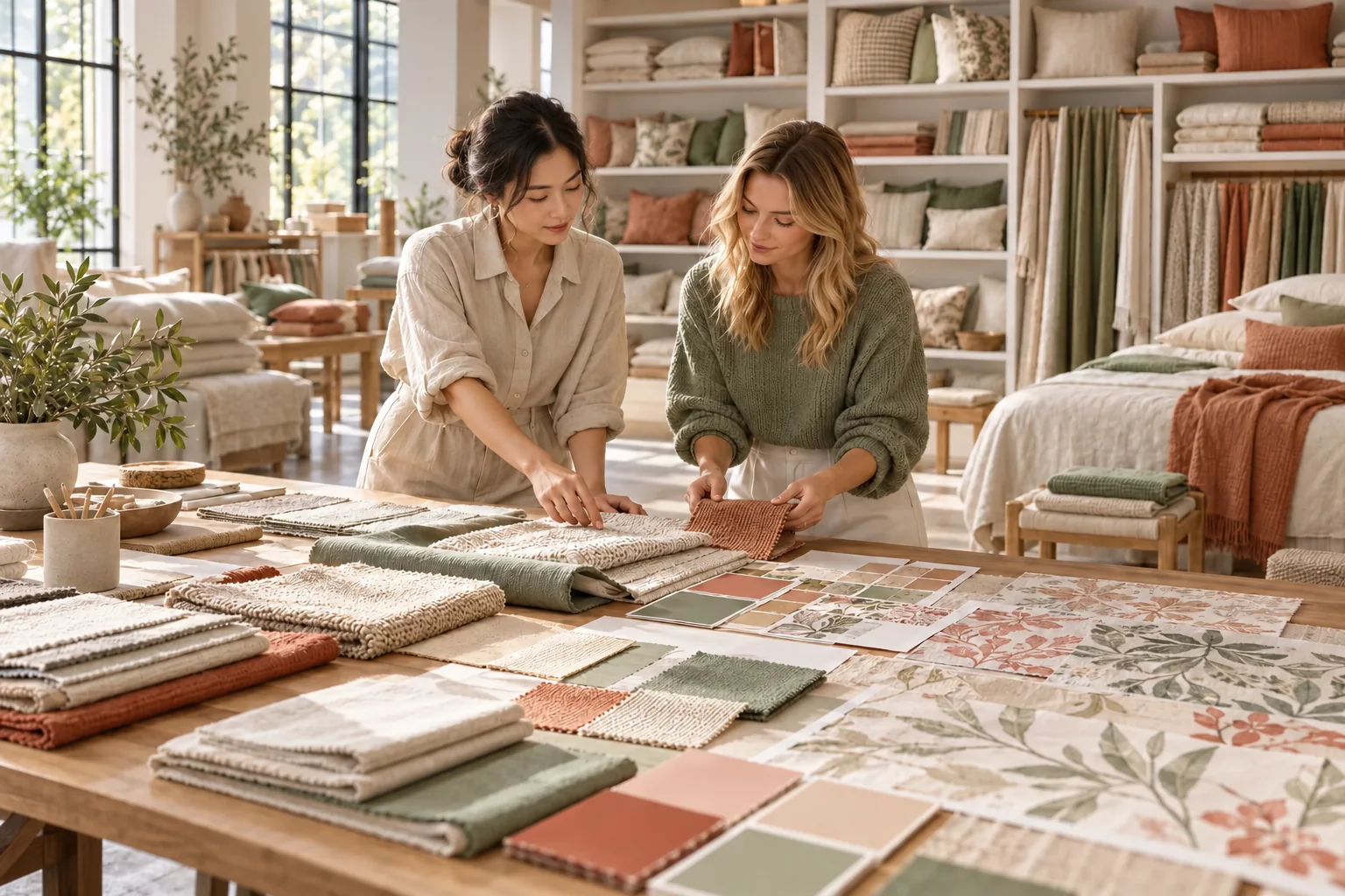 Designers reviewing home textile fabric samples in a showroom