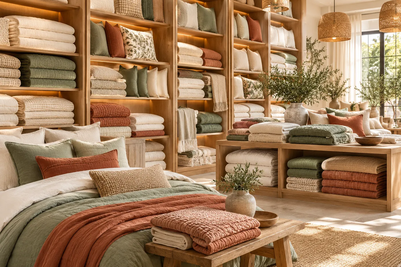 Showroom shelves of folded blankets and bedding
